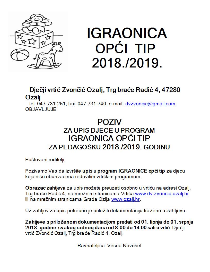 PLAKAT I UPIS IGRAONICA-2018.-2019.